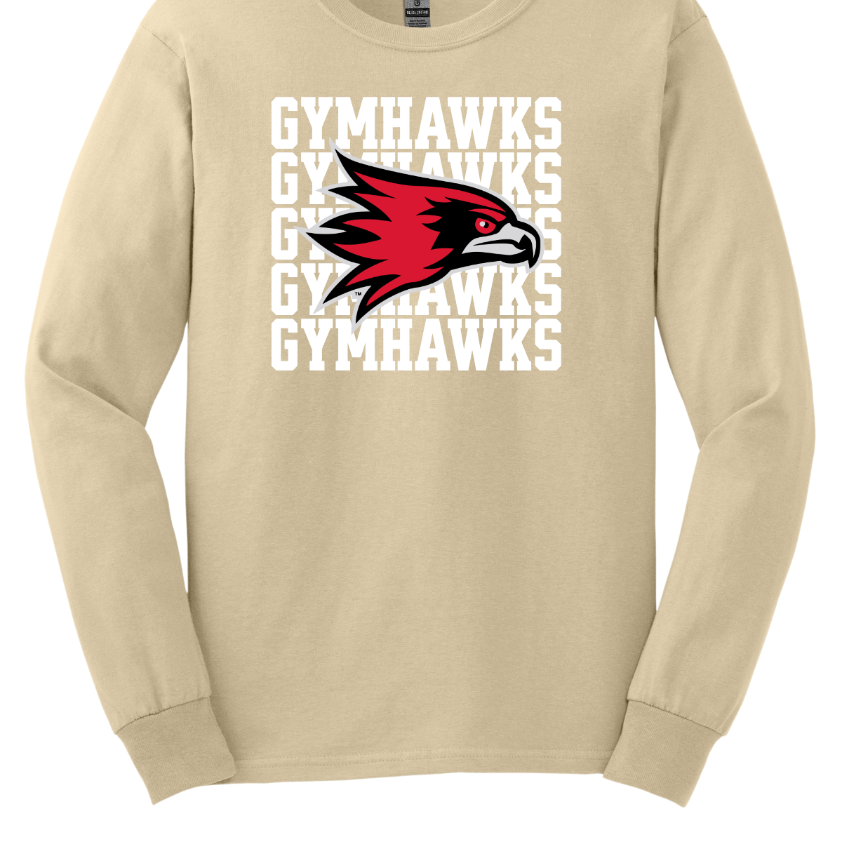 Beige long-sleeve shirt with red and black hawk logo and 'GYMHAWKS' text on a white background