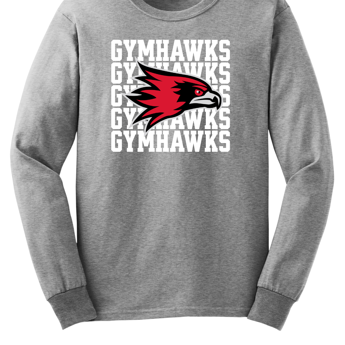 Gray long-sleeve shirt with red and black hawk logo and 'GYMHAWKS' text on a white background