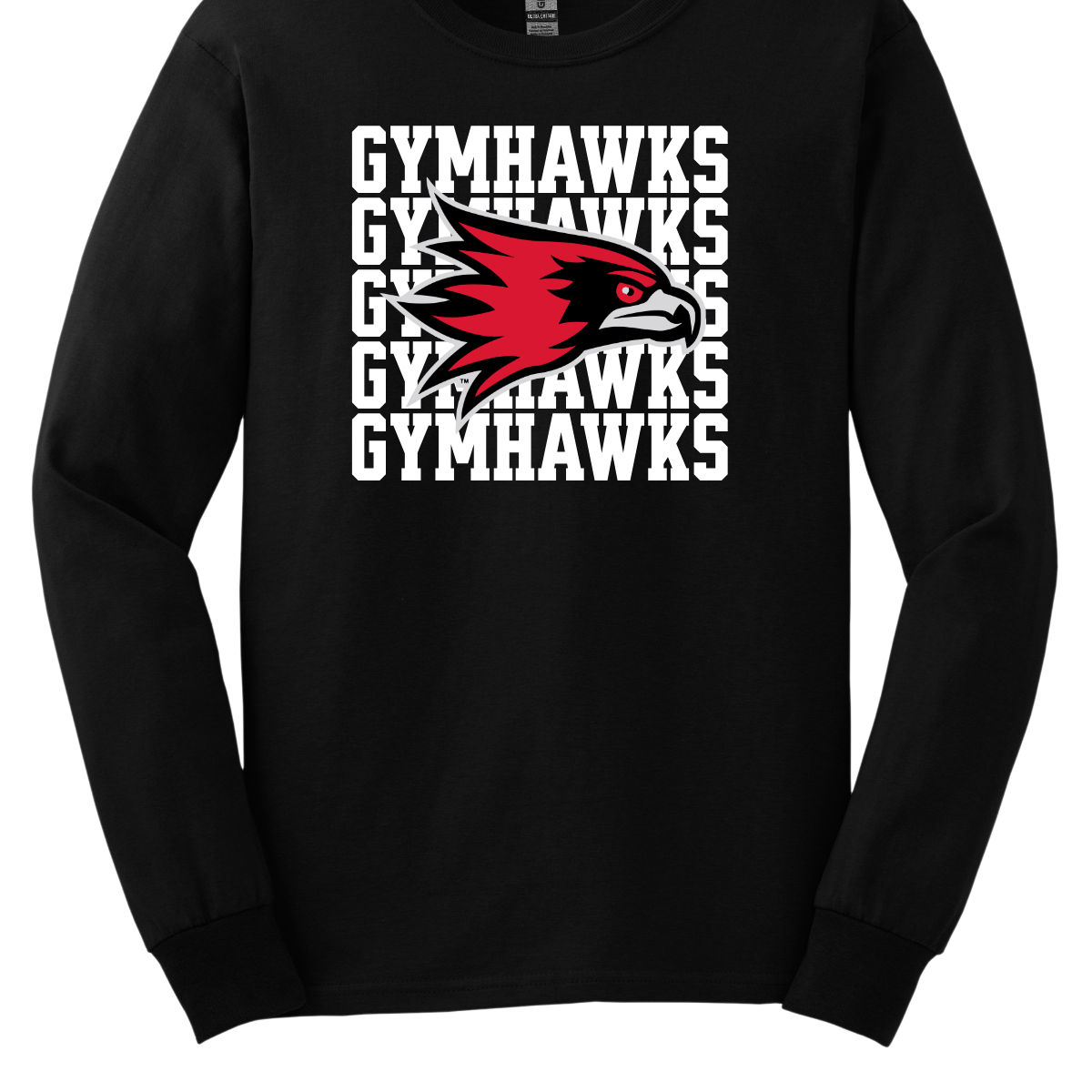Black long sleeve with 'GYMHAWKS' text and red and white hawk logo on a white background