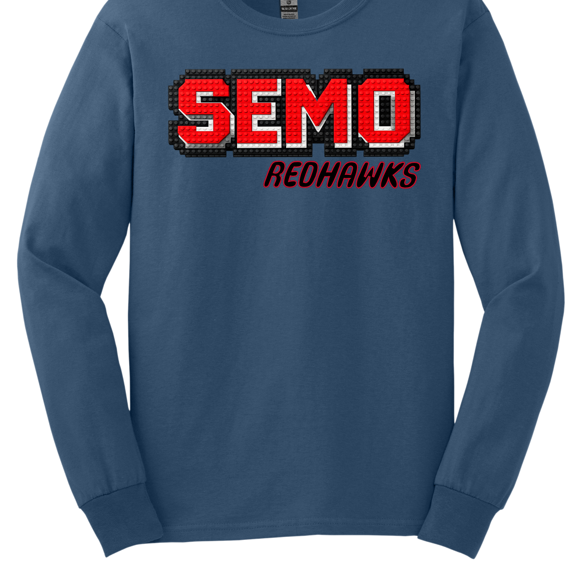 Blue long-sleeve shirt with 'SEMO Redhawks' text on a white background