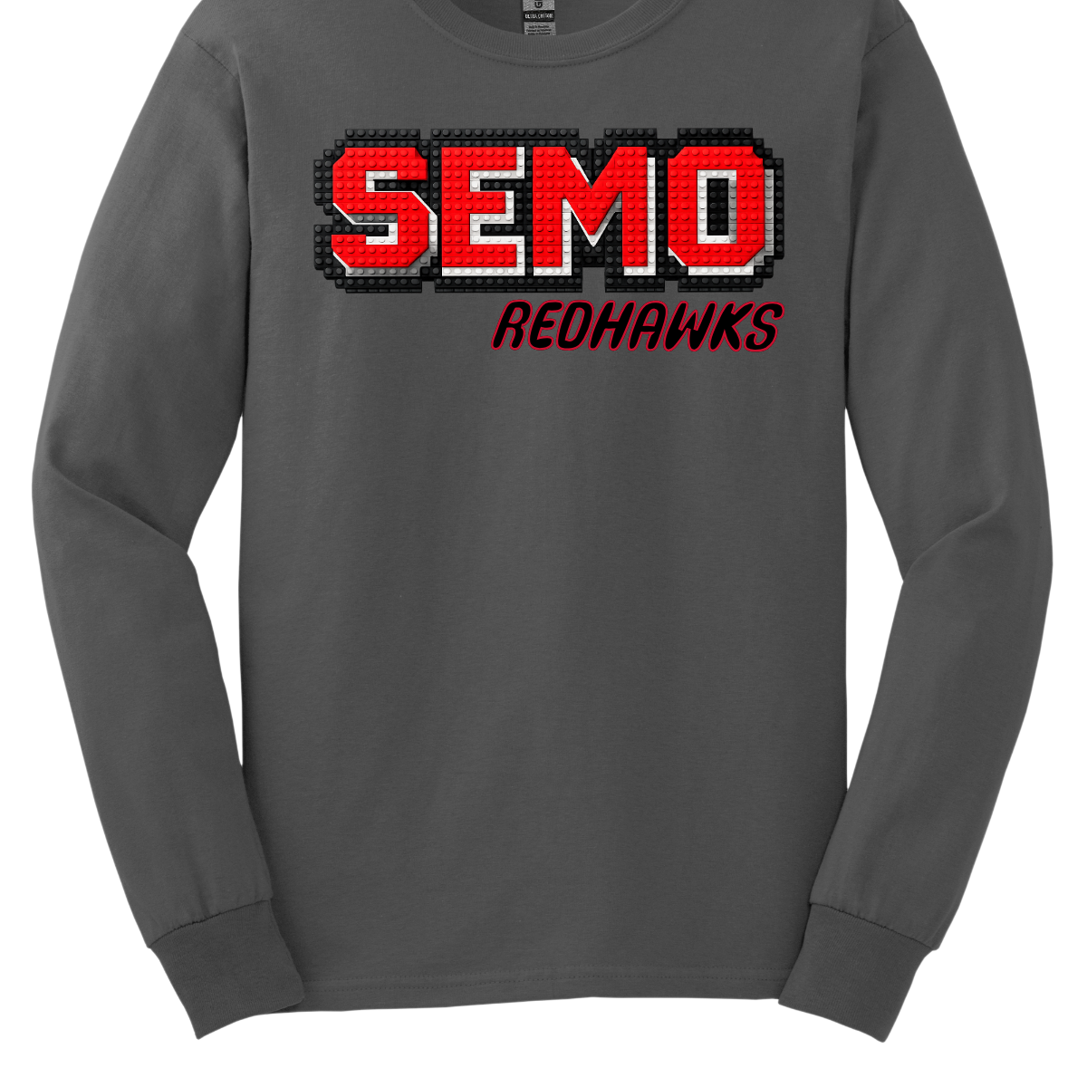 Gray long-sleeve shirt with 'SEMO Redhawks' text on a white background