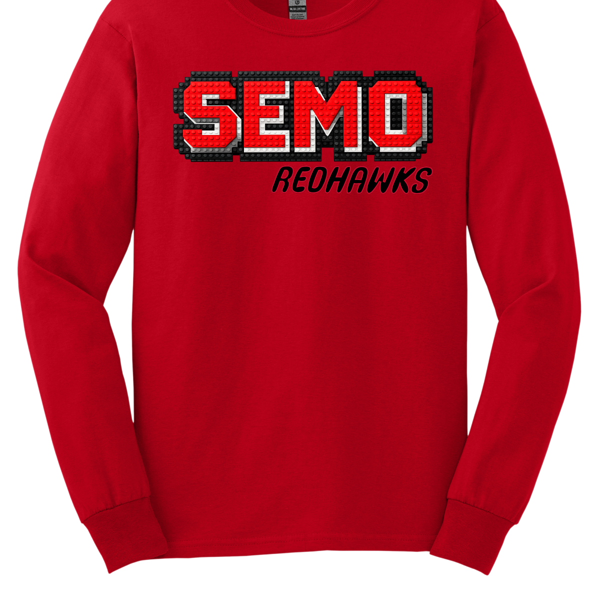 Red long-sleeve shirt with 'SEMO Redhawks' text on a white background
