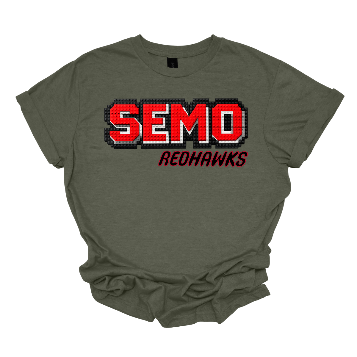 Green t-shirt with 'SEMO Redhawks' text on a white background