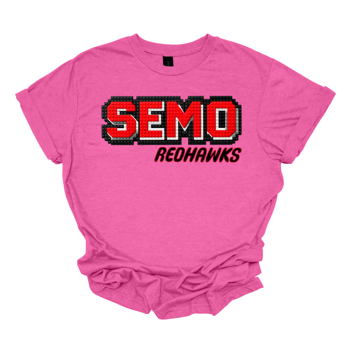 Pink t-shirt with 'SEMO Redhawks' text on a white background