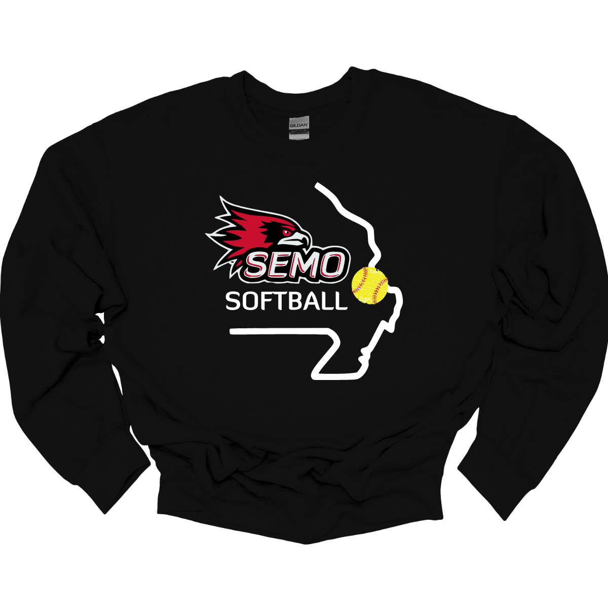 Black sweatshirt with SEMO Softball logo on a white background