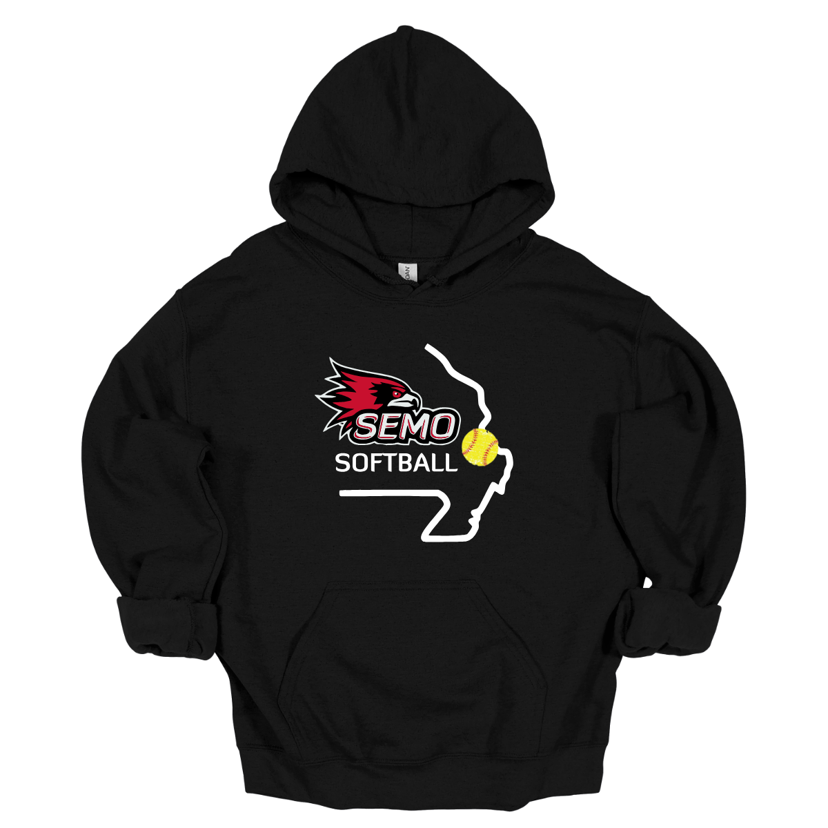 Black hoodie with SEMO Softball logo on a white background