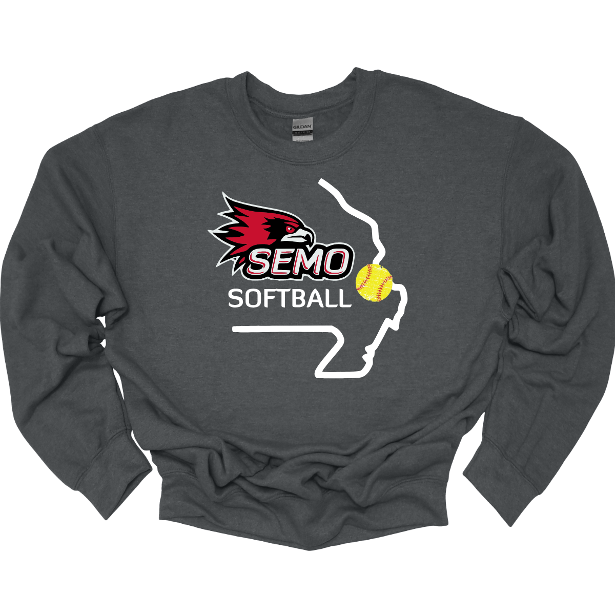 Dark gray sweatshirt with SEMO Softball logo on a white background