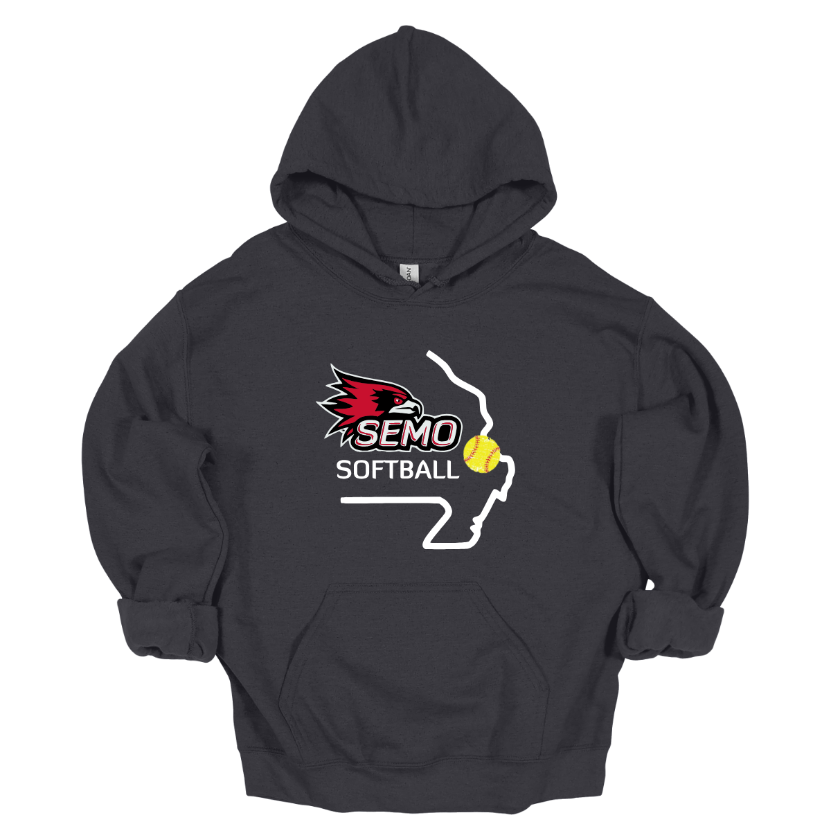 Black hoodie with SEMO Softball logo on a white background