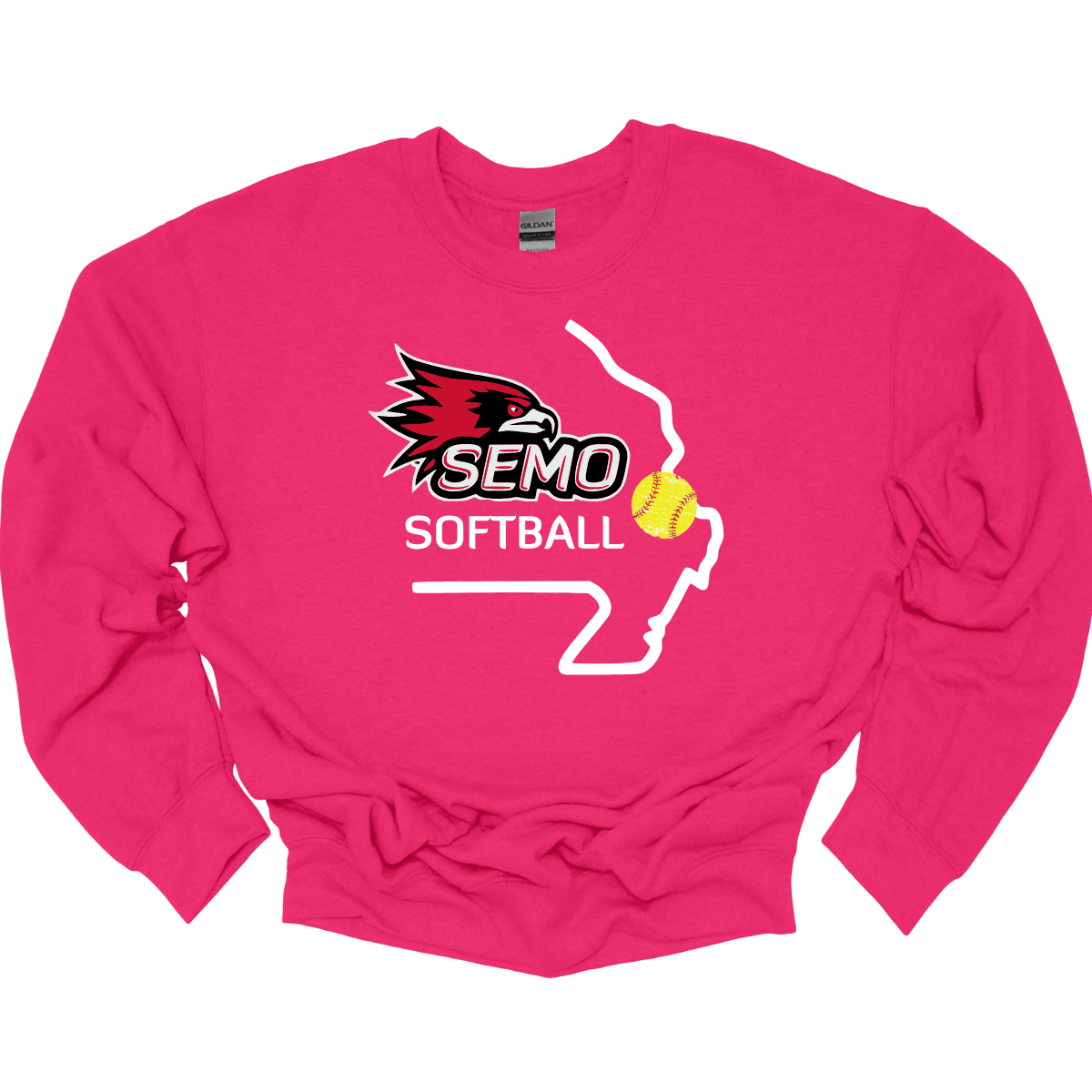 Pink sweatshirt shirt with SEMO Softball logo on a white background