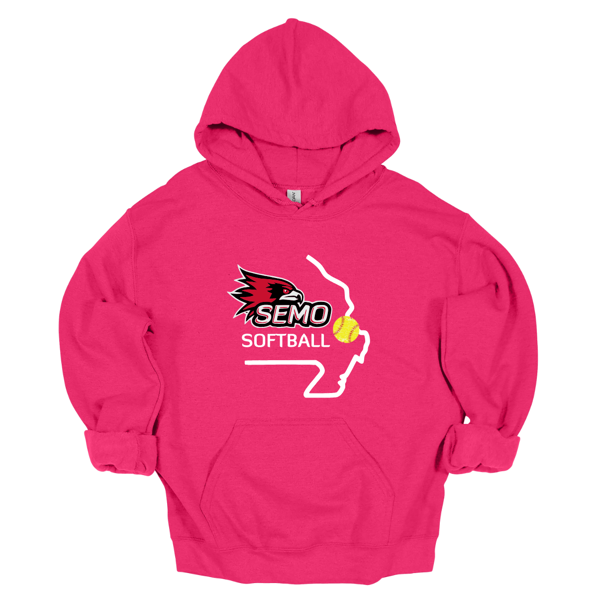 Pink hoodie with SEMO Softball design on a white background