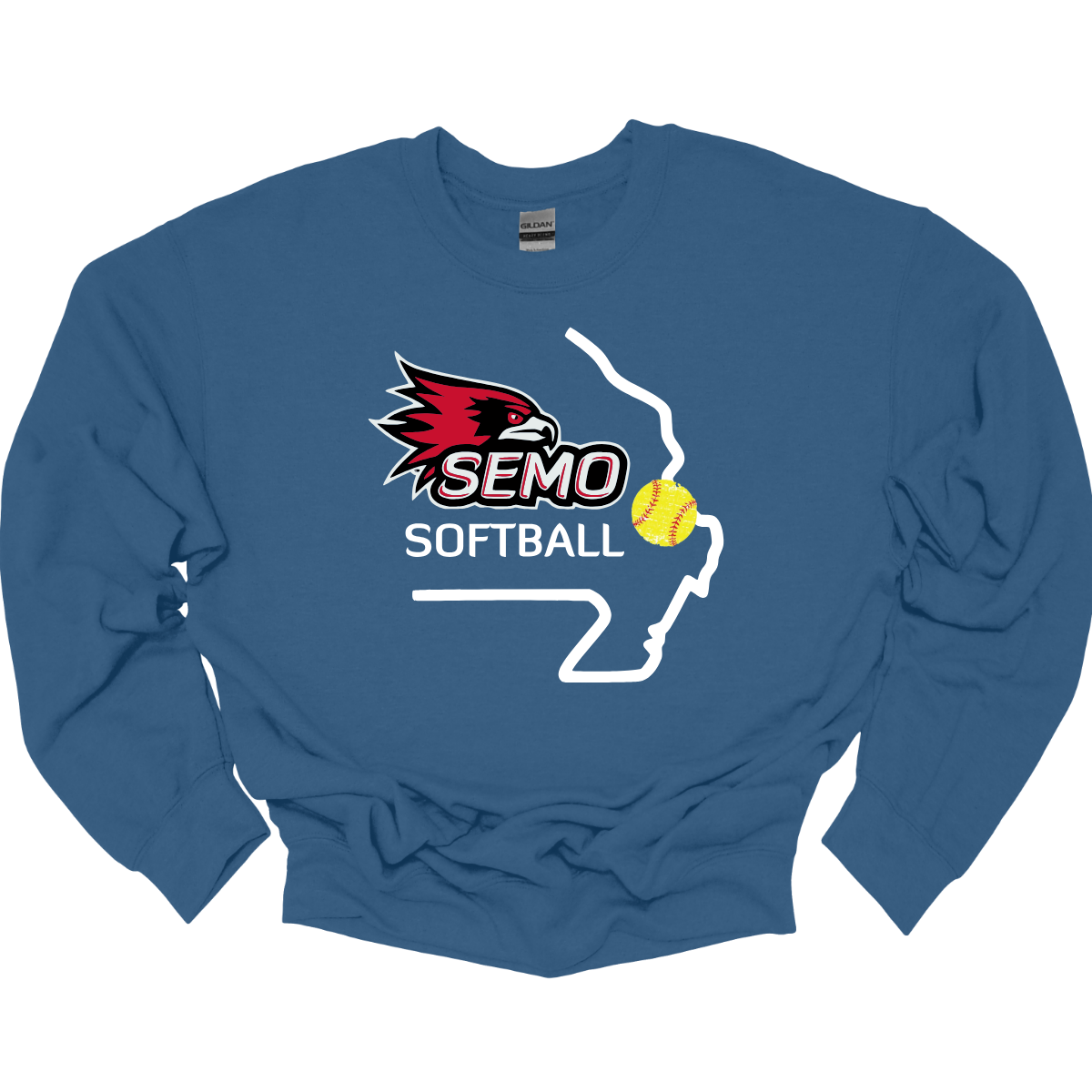 Blue sweatshirt with SEMO Softball logo on a white background