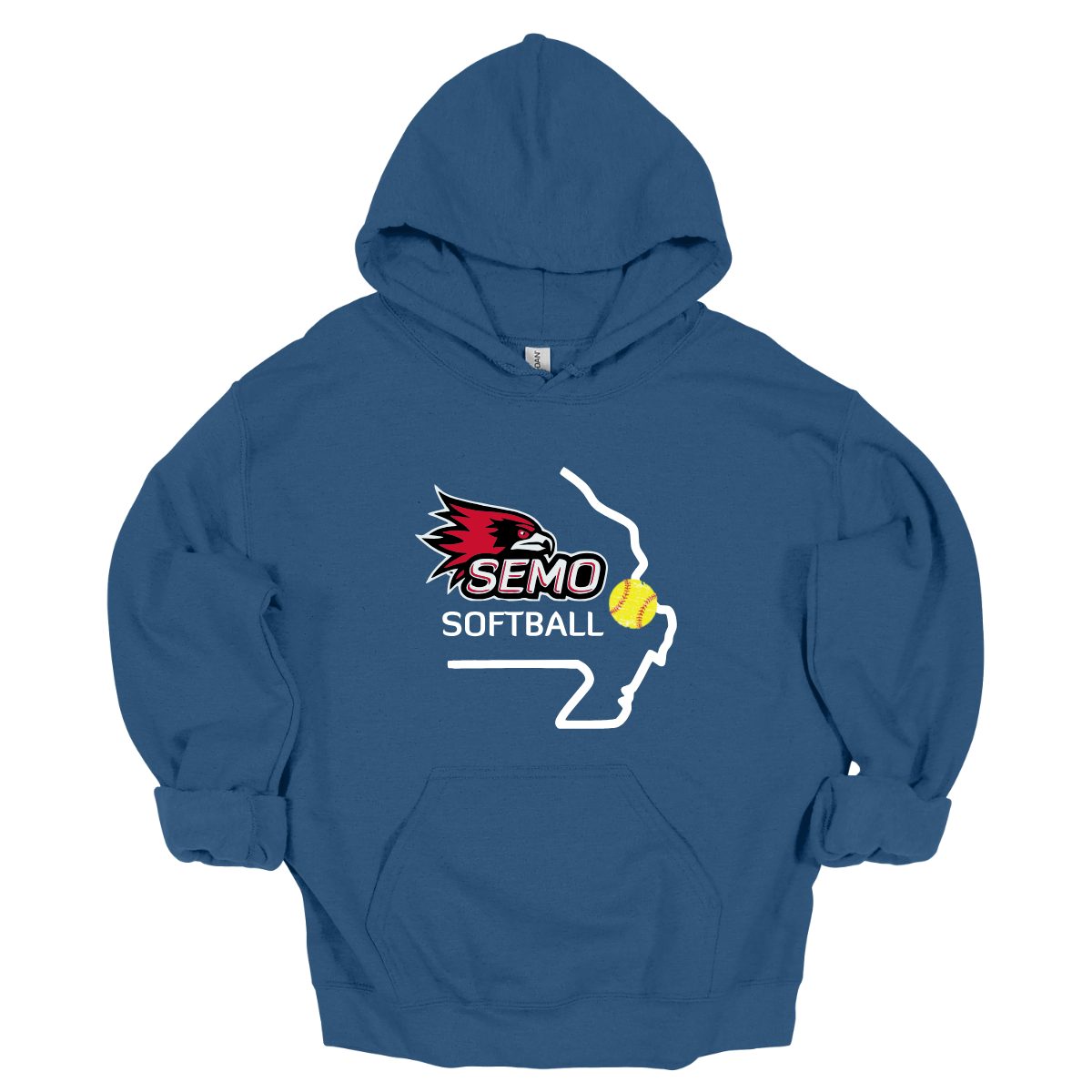 Blue hoodie with SEMO Softball logo on a white background