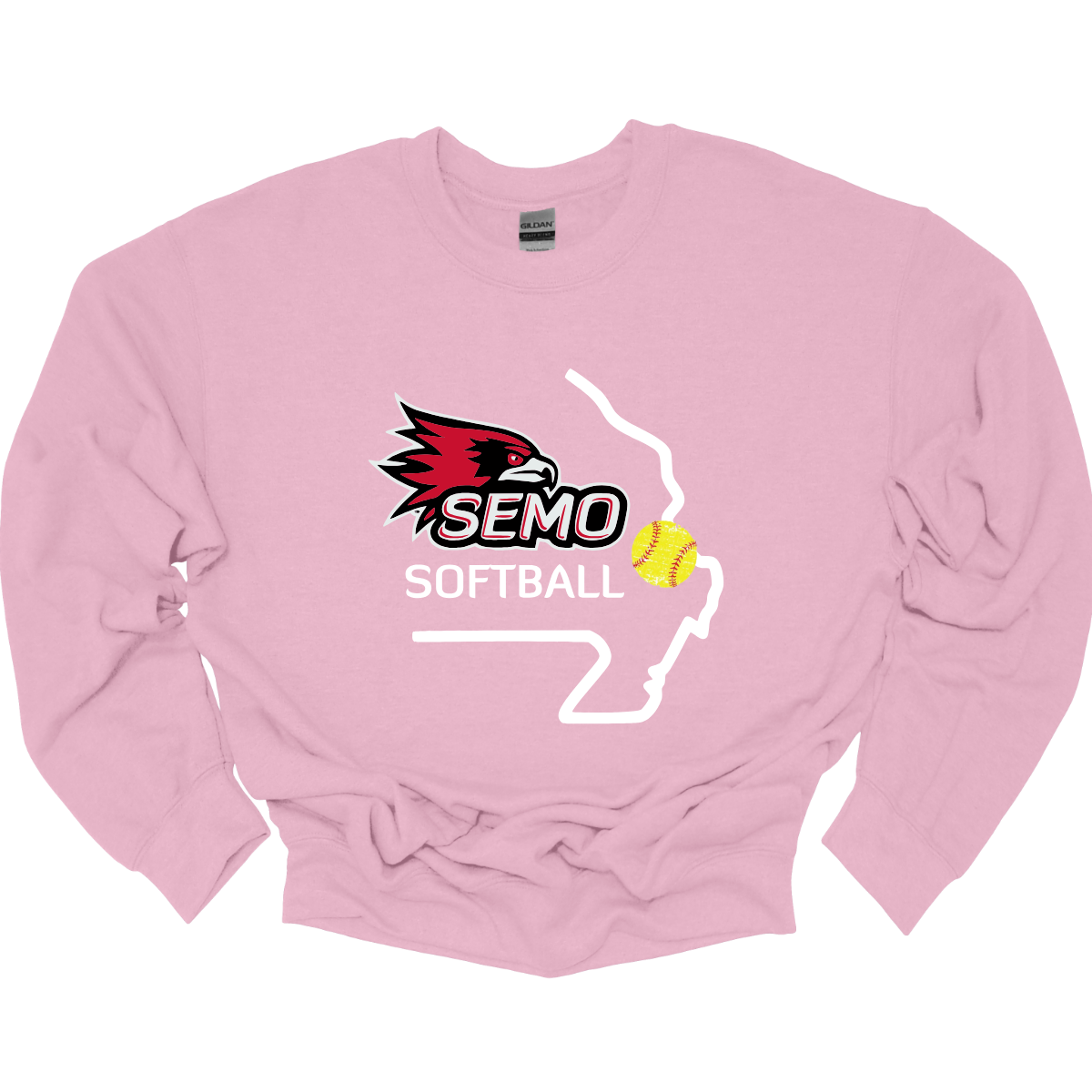 Pink sweatshirt with SEMO Softball logo on a white background
