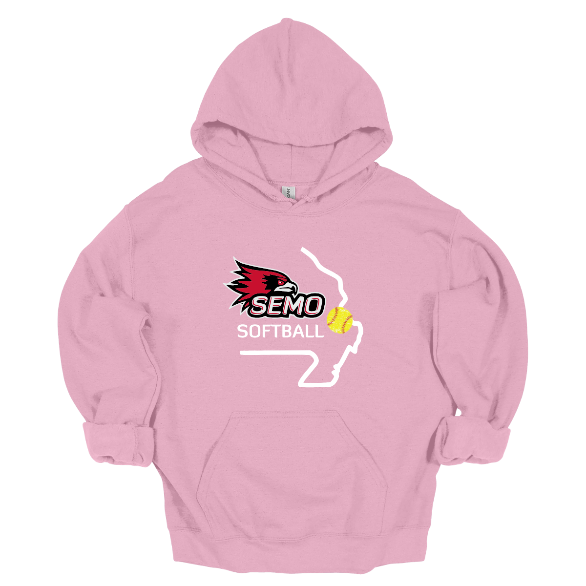 Pink hoodie with SEMO Softball logo on a white background