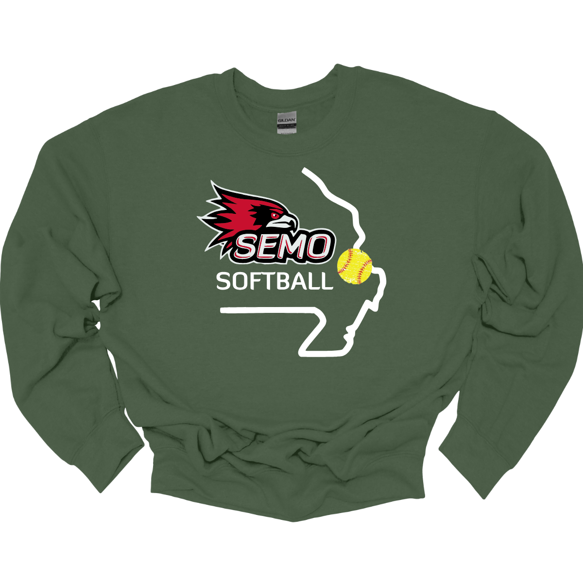 Green sweatshirt with SEMO Softball logo on a white background