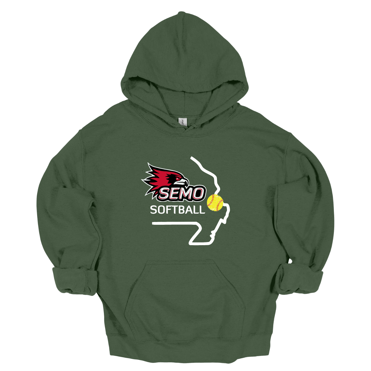 Green hoodie with SEMO Softball logo on a white background