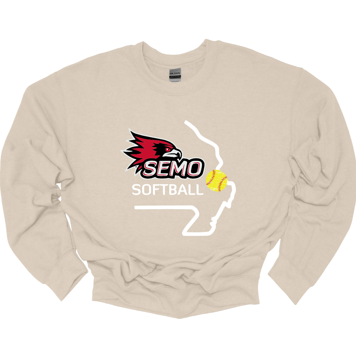 Beige sweatshirt with SEMO Softball logo on a white background