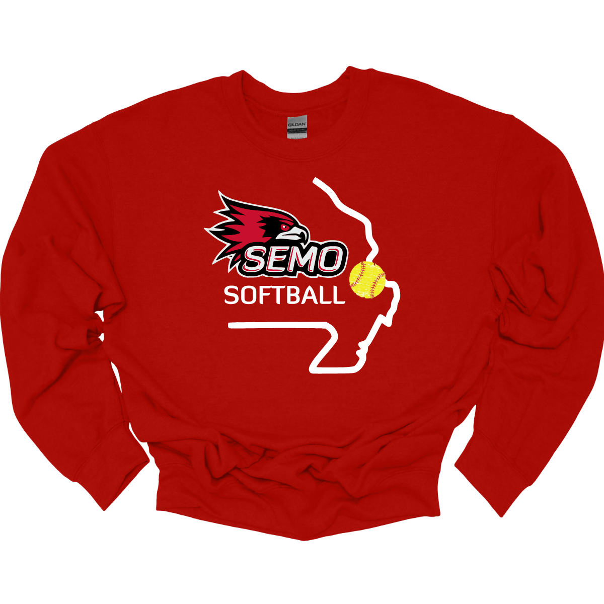 Red sweatshirt with SEMO Softball logo on a white background