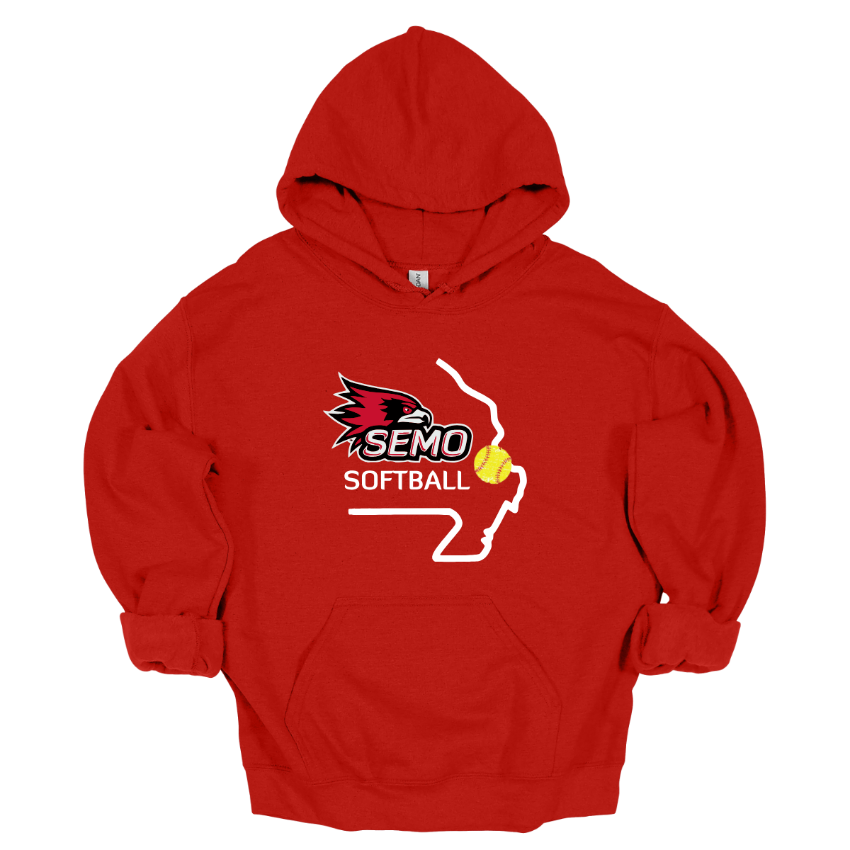Red hoodie with SEMO Softball logo on a white background