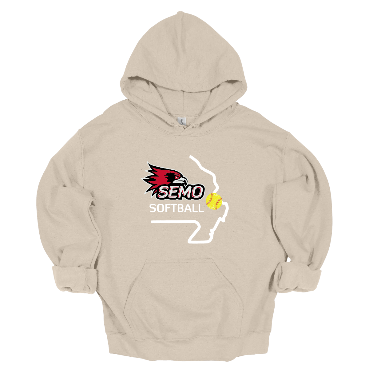 Beige hoodie with SEMO Softball logo on a white background