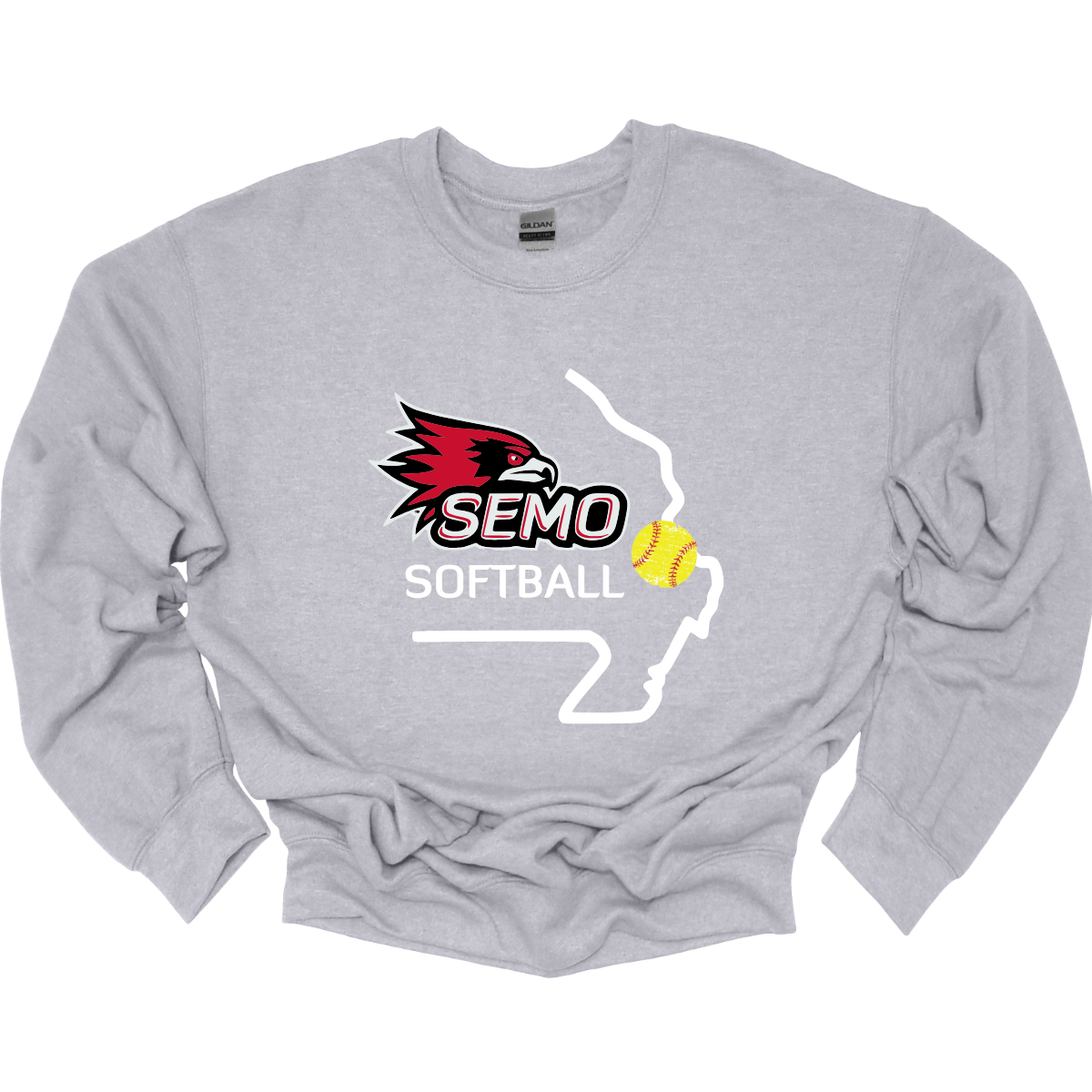 Gray sweatshirt with SEMO Softball logo on a white background