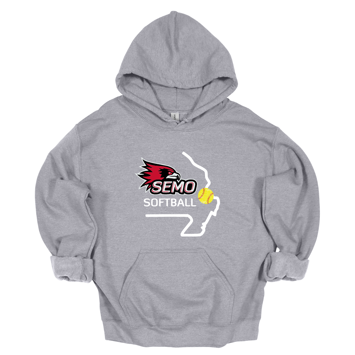Gray hoodie with SEMO Softball logo on a white background