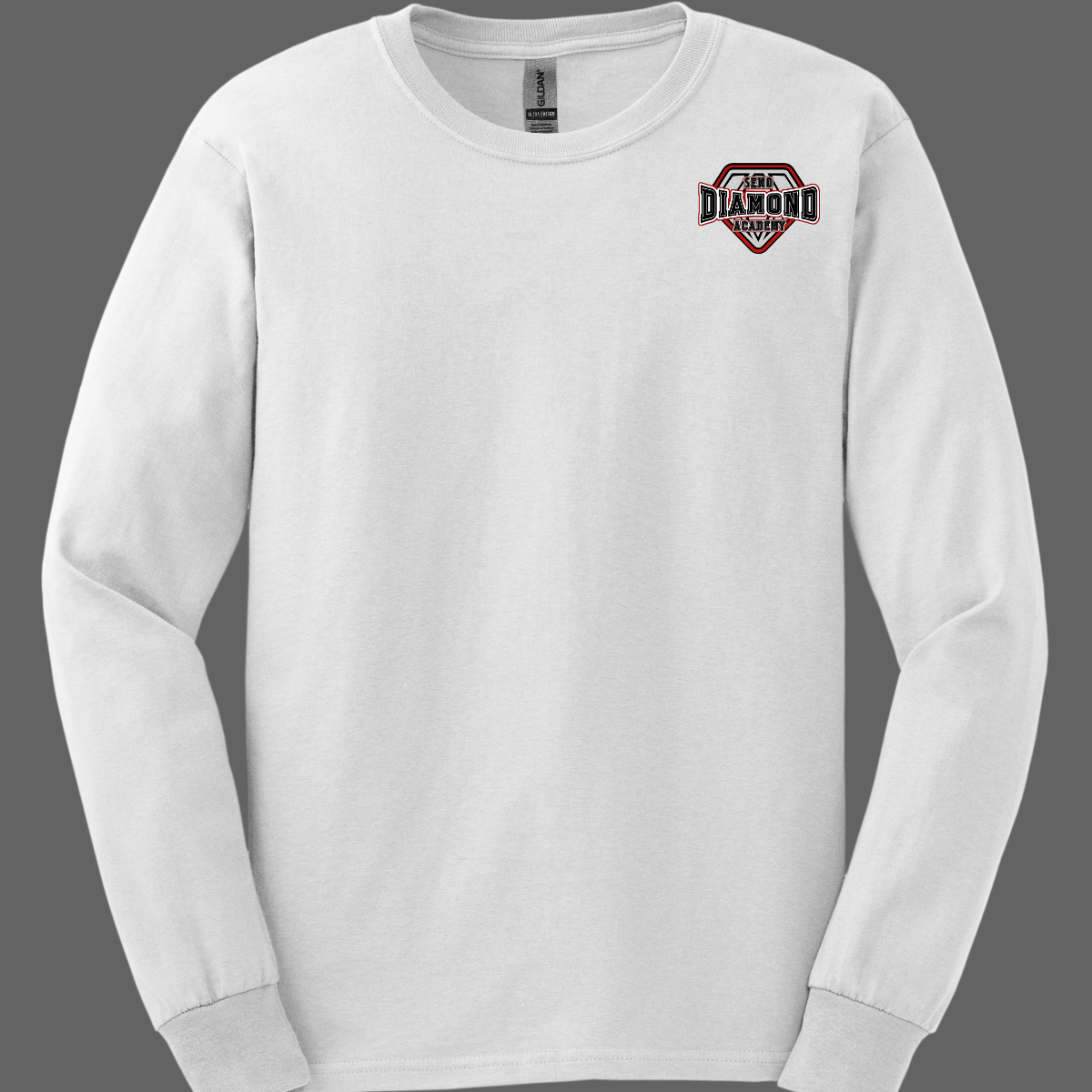 White long-sleeve shirt with a "SEMO Diamond Academy" logo on the chest against a gray background