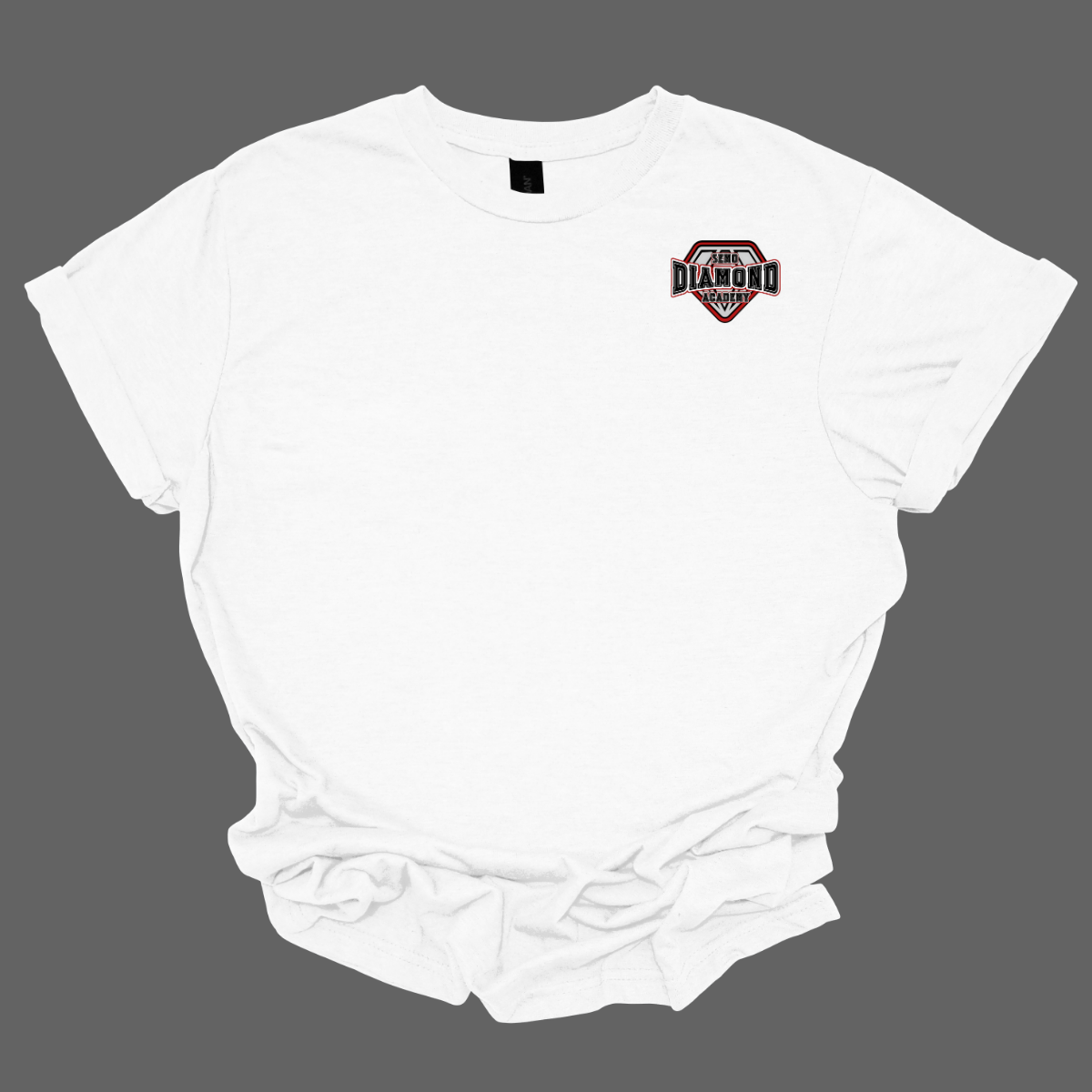 White t-shirt with a 'SEMO Diamond Academy' logo on the chest against a gray background
