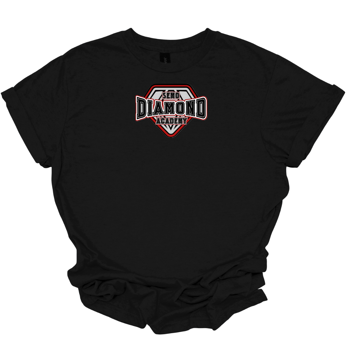 Black t-shirt with a SEMO Diamond Academy logo on a white background