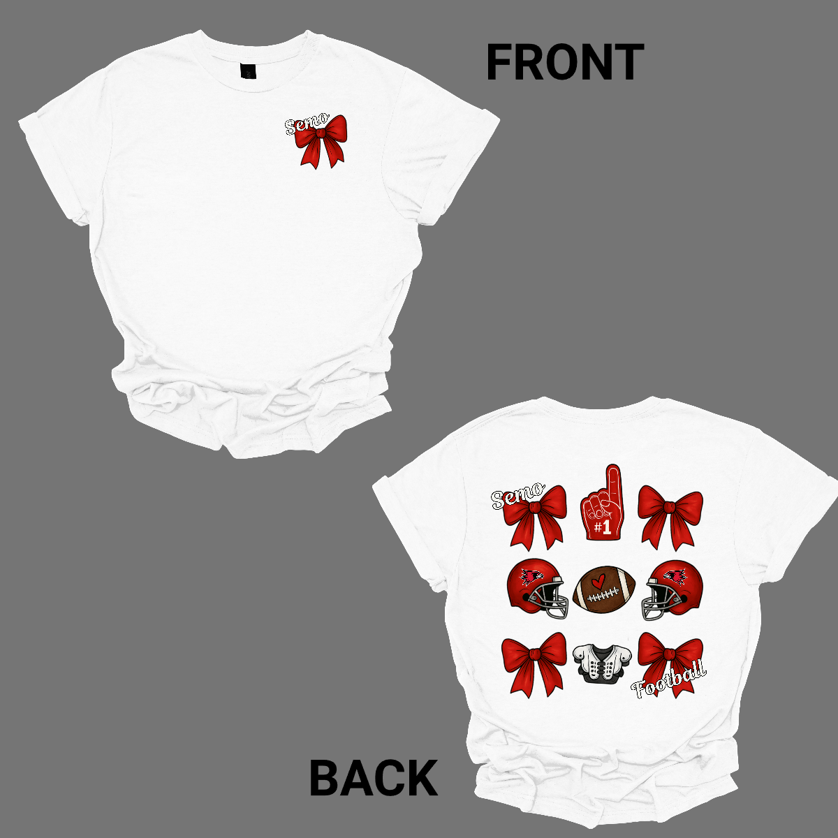 This SEMO Football Bow Grid design is available in youth sizes across short sleeve, long sleeve, crewneck, and hoodie options.
Front Design: A chic red croquette bow sits on the upper left chest, accented with bold white “SEMO” lettering.
Back Design: A playful grid layout showcases an exciting mix of Redhawk game-day icons—red croquette bows, SEMO football helmets, sturdy shoulder pads, and the classic #1 foam hand—all celebrating SEMO’s winning spirit.
Shop at Gorgeousware.com today!
