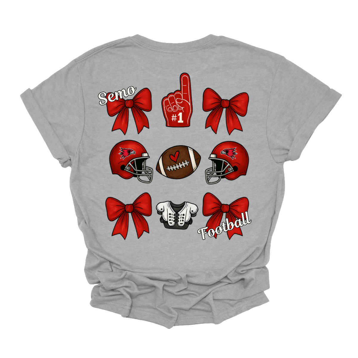 This SEMO Football Bow Grid design is available in youth sizes across short sleeve, long sleeve, crewneck, and hoodie options.
Front Design: A chic red croquette bow sits on the upper left chest, accented with bold white “SEMO” lettering.
Back Design: A playful grid layout showcases an exciting mix of Redhawk game-day icons—red croquette bows, SEMO football helmets, sturdy shoulder pads, and the classic #1 foam hand—all celebrating SEMO’s winning spirit.
Shop at Gorgeousware.com today!
