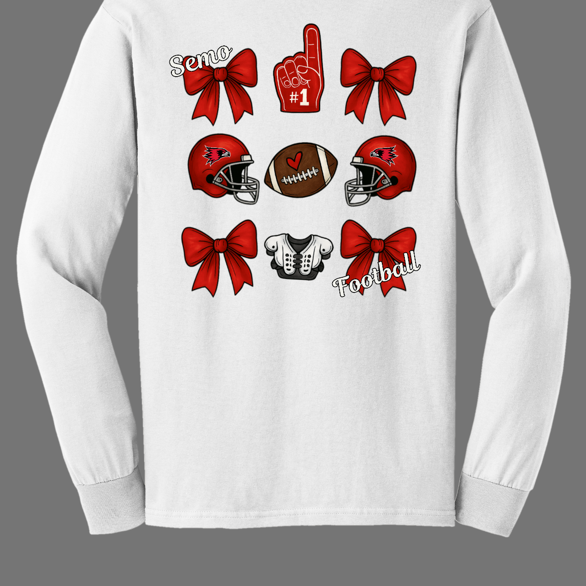 This SEMO Football Bow Grid design is available in youth sizes across short sleeve, long sleeve, crewneck, and hoodie options.
Front Design: A chic red croquette bow sits on the upper left chest, accented with bold white “SEMO” lettering.
Back Design: A playful grid layout showcases an exciting mix of Redhawk game-day icons—red croquette bows, SEMO football helmets, sturdy shoulder pads, and the classic #1 foam hand—all celebrating SEMO’s winning spirit.
Shop at Gorgeousware.com today!
