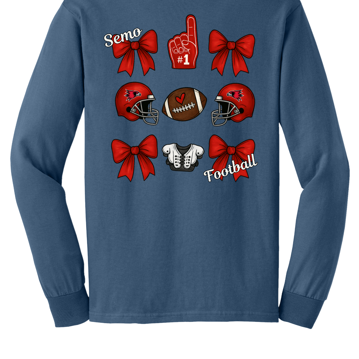 This SEMO Football Bow Grid design is available in youth sizes across short sleeve, long sleeve, crewneck, and hoodie options.
Front Design: A chic red croquette bow sits on the upper left chest, accented with bold white “SEMO” lettering.
Back Design: A playful grid layout showcases an exciting mix of Redhawk game-day icons—red croquette bows, SEMO football helmets, sturdy shoulder pads, and the classic #1 foam hand—all celebrating SEMO’s winning spirit.
Shop at Gorgeousware.com today!
