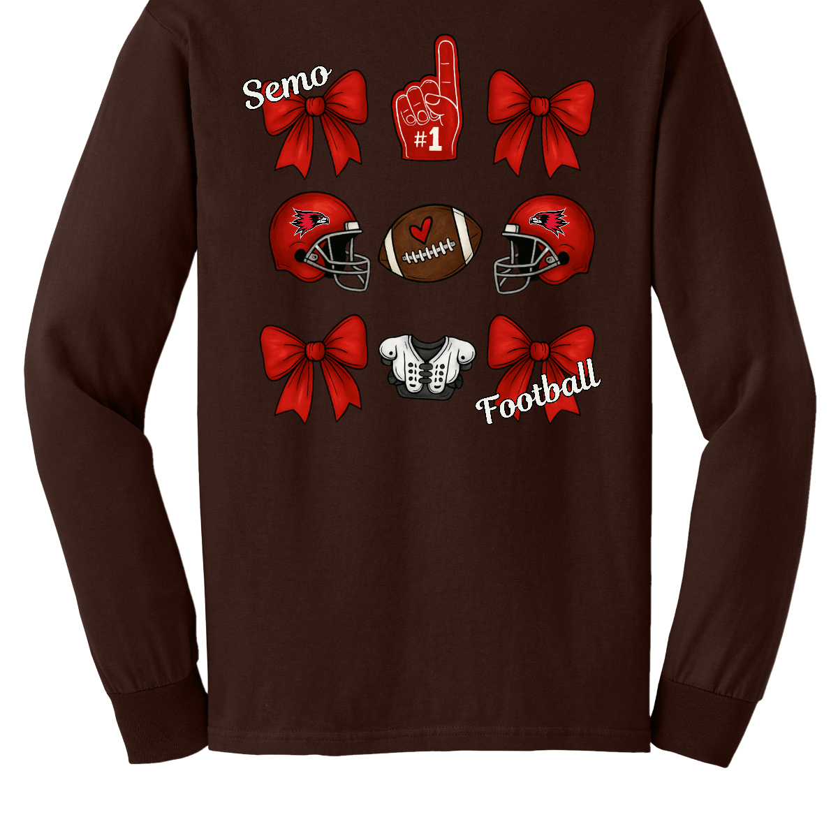 This SEMO Football Bow Grid design is available in youth sizes across short sleeve, long sleeve, crewneck, and hoodie options.
Front Design: A chic red croquette bow sits on the upper left chest, accented with bold white “SEMO” lettering.
Back Design: A playful grid layout showcases an exciting mix of Redhawk game-day icons—red croquette bows, SEMO football helmets, sturdy shoulder pads, and the classic #1 foam hand—all celebrating SEMO’s winning spirit.
Shop at Gorgeousware.com today!
