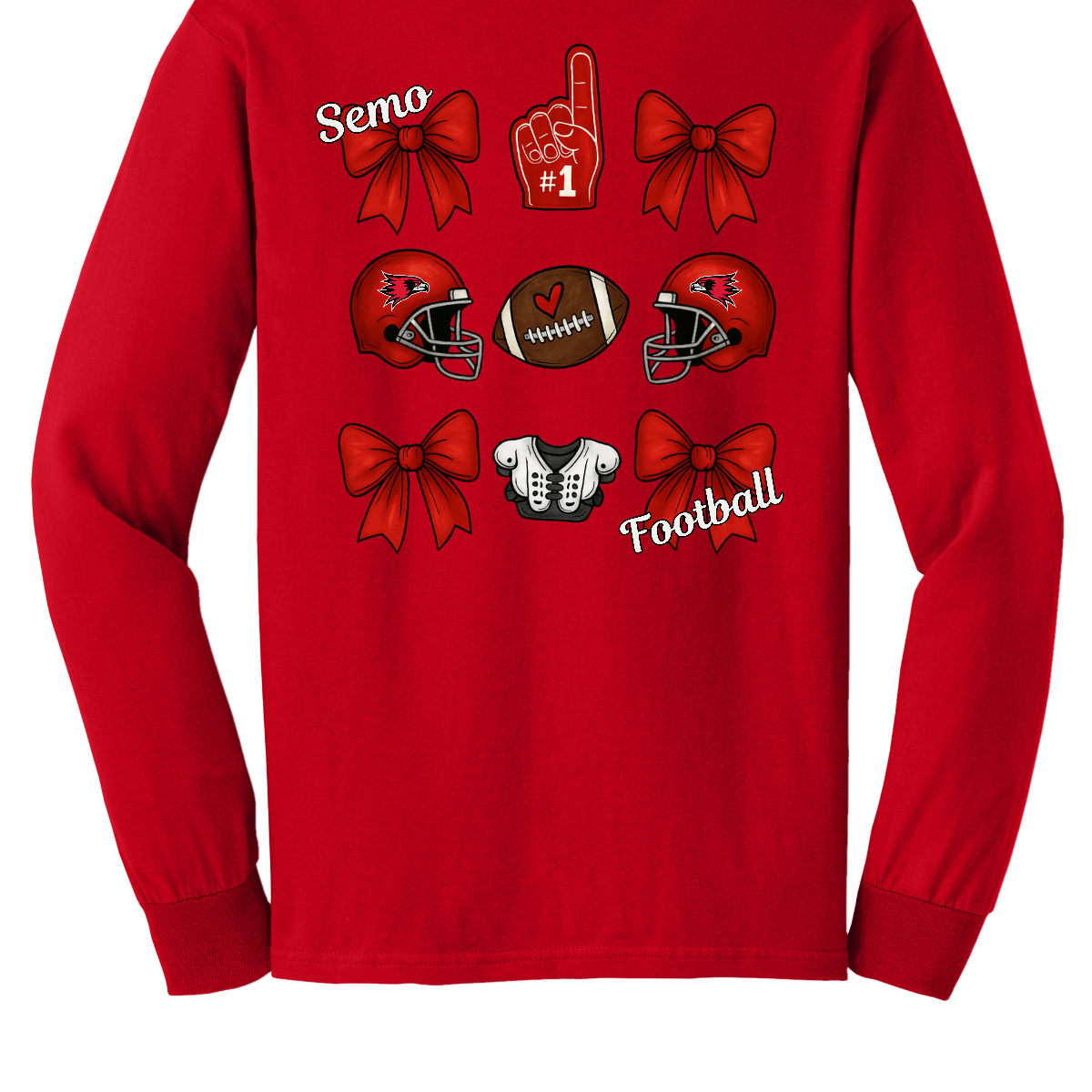 This SEMO Football Bow Grid design is available in youth sizes across short sleeve, long sleeve, crewneck, and hoodie options.
Front Design: A chic red croquette bow sits on the upper left chest, accented with bold white “SEMO” lettering.
Back Design: A playful grid layout showcases an exciting mix of Redhawk game-day icons—red croquette bows, SEMO football helmets, sturdy shoulder pads, and the classic #1 foam hand—all celebrating SEMO’s winning spirit.
Shop at Gorgeousware.com today!
