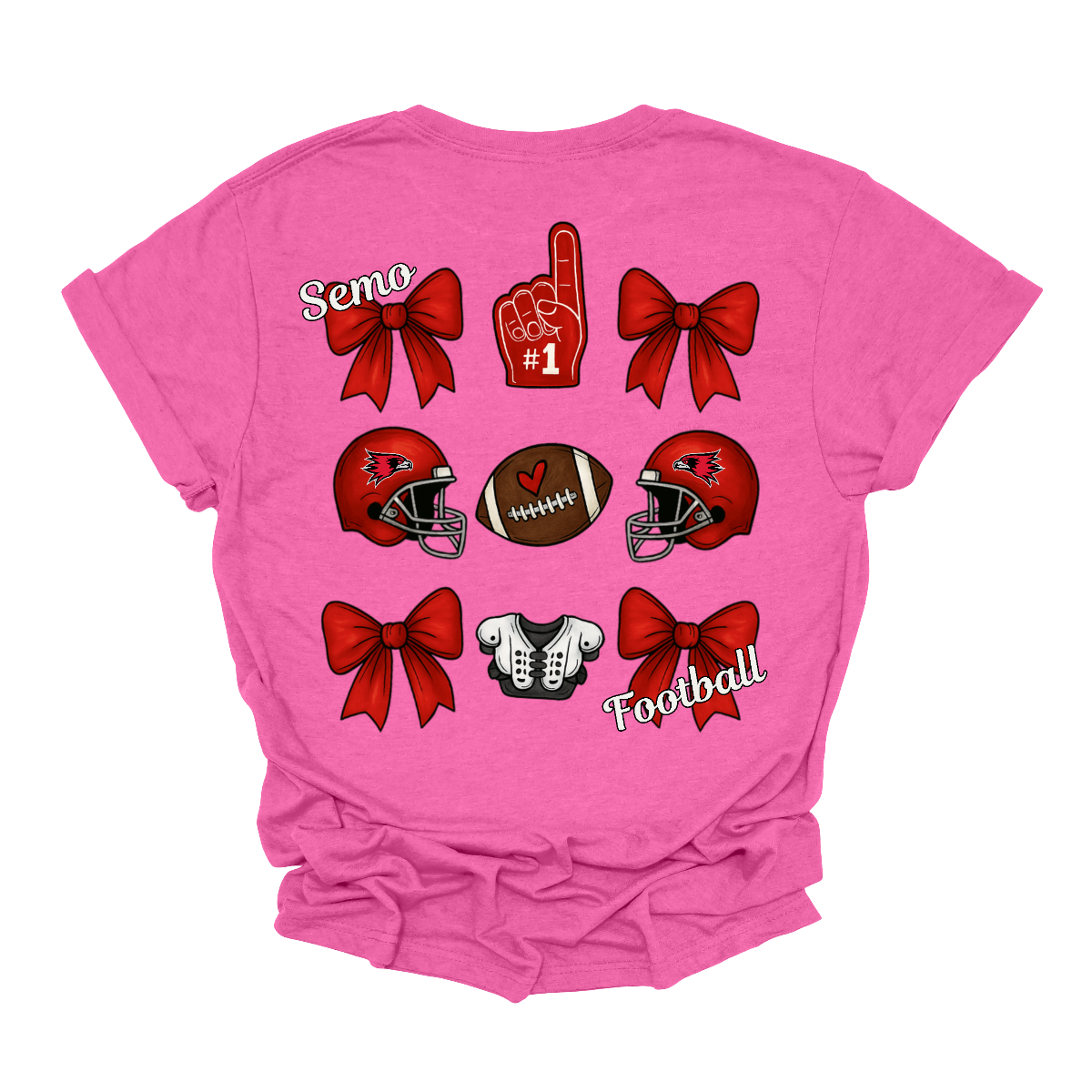 This SEMO Football Bow Grid design is available in youth sizes across short sleeve, long sleeve, crewneck, and hoodie options.
Front Design: A chic red croquette bow sits on the upper left chest, accented with bold white “SEMO” lettering.
Back Design: A playful grid layout showcases an exciting mix of Redhawk game-day icons—red croquette bows, SEMO football helmets, sturdy shoulder pads, and the classic #1 foam hand—all celebrating SEMO’s winning spirit.
Shop at Gorgeousware.com today!
