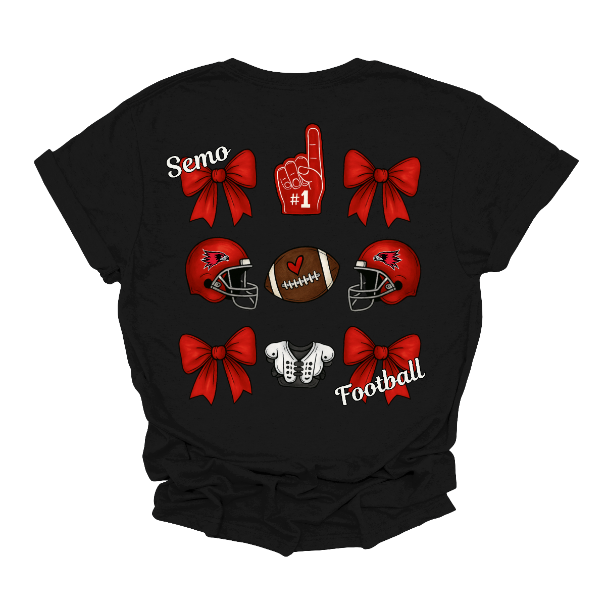 This SEMO Football Bow Grid design is available in youth sizes across short sleeve, long sleeve, crewneck, and hoodie options.
Front Design: A chic red croquette bow sits on the upper left chest, accented with bold white “SEMO” lettering.
Back Design: A playful grid layout showcases an exciting mix of Redhawk game-day icons—red croquette bows, SEMO football helmets, sturdy shoulder pads, and the classic #1 foam hand—all celebrating SEMO’s winning spirit.
Shop at Gorgeousware.com today!
