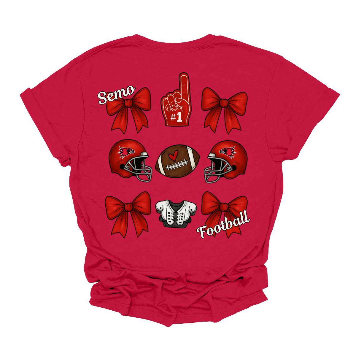 This SEMO Football Bow Grid design is available in youth sizes across short sleeve, long sleeve, crewneck, and hoodie options.
Front Design: A chic red croquette bow sits on the upper left chest, accented with bold white “SEMO” lettering.
Back Design: A playful grid layout showcases an exciting mix of Redhawk game-day icons—red croquette bows, SEMO football helmets, sturdy shoulder pads, and the classic #1 foam hand—all celebrating SEMO’s winning spirit.
Shop at Gorgeousware.com today!
