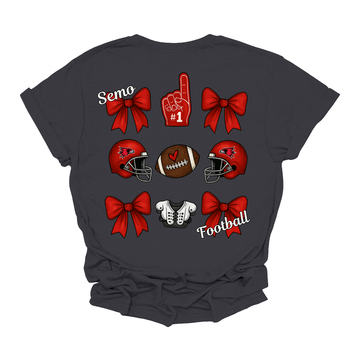 This SEMO Football Bow Grid design is available in youth sizes across short sleeve, long sleeve, crewneck, and hoodie options.
Front Design: A chic red croquette bow sits on the upper left chest, accented with bold white “SEMO” lettering.
Back Design: A playful grid layout showcases an exciting mix of Redhawk game-day icons—red croquette bows, SEMO football helmets, sturdy shoulder pads, and the classic #1 foam hand—all celebrating SEMO’s winning spirit.
Shop at Gorgeousware.com today!
