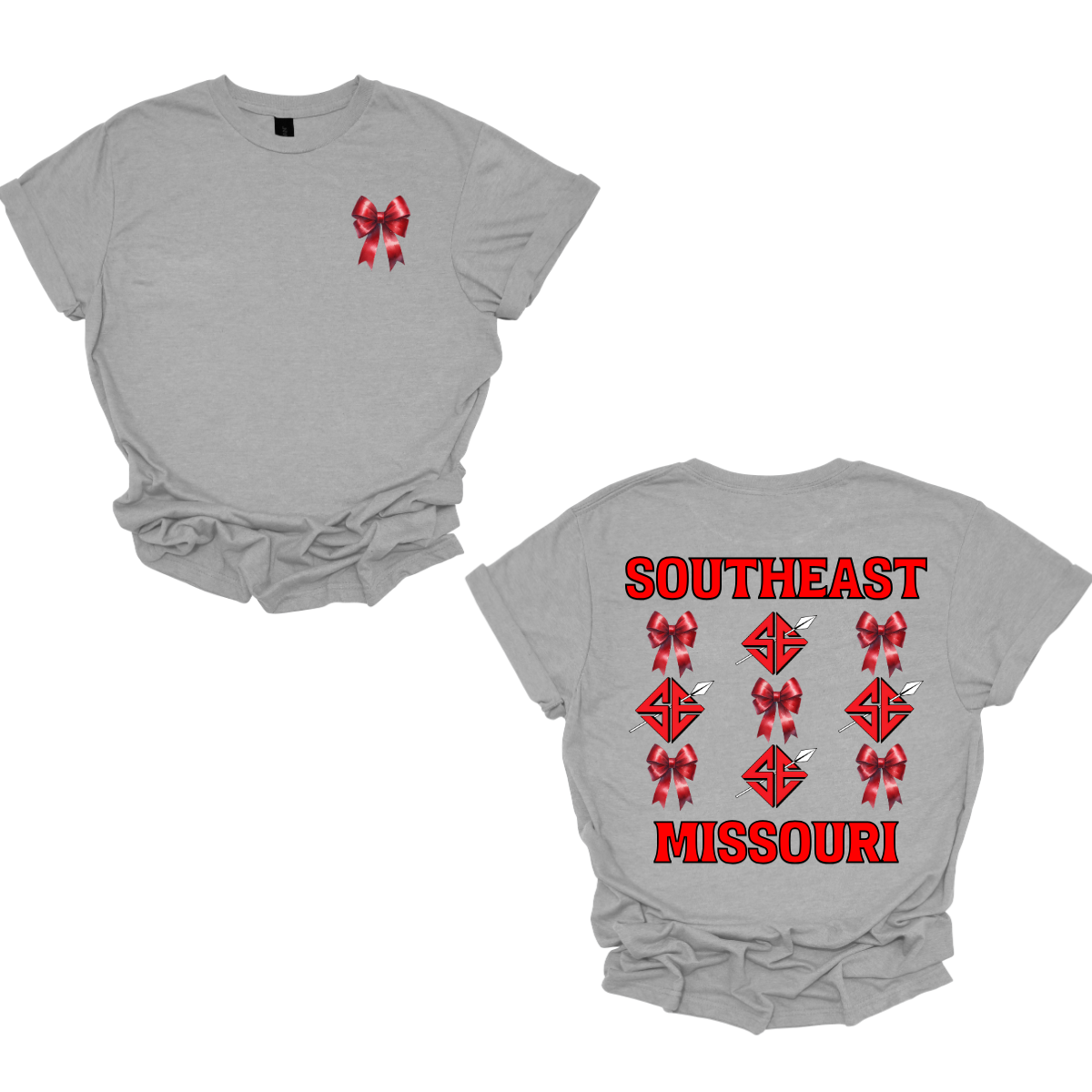 Show off your collegiate pride with our SEMO Sagamore Bow! With a grid pattern of red croquette bows and the SE spear logo, the word "southeast" displayed on the top and "Missouri" on the bottom, this shirt is perfect for any SEMO fan. The front pocket design features a matching red croquette bow. Available in short or long sleeve options. Shop at Gorgeousware.com