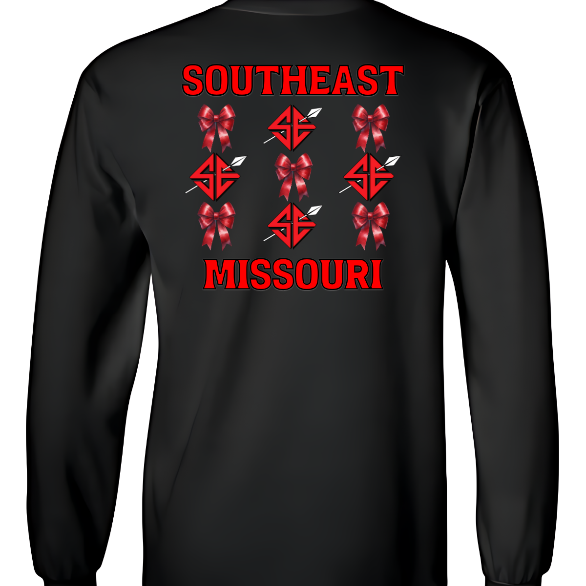 Show off your collegiate pride with our SEMO Sagamore Bow! With a grid pattern of red croquette bows and the SE spear logo, the word "southeast" displayed on the top and "Missouri" on the bottom, this shirt is perfect for any SEMO fan. The front pocket design features a matching red croquette bow. Available in short or long sleeve options. Shop at Gorgeousware.com