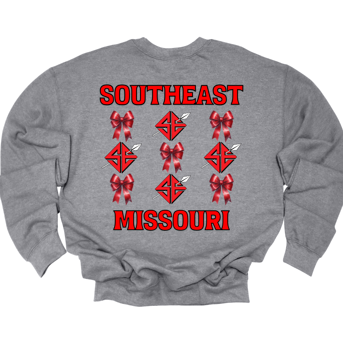 **The front will have a bow on the left chest pocket area.

Show off your collegiate pride with our SEMO Sagamore Bow! With a grid pattern of red croquette bows and the SE spear logo, the word "southeast" displayed on the top and "Missouri" on the bottom, this shirt is perfect for any SEMO fan. The front pocket design features a matching red croquette bow. Available in short or long sleeve options. Shop at Gorgeousware.com