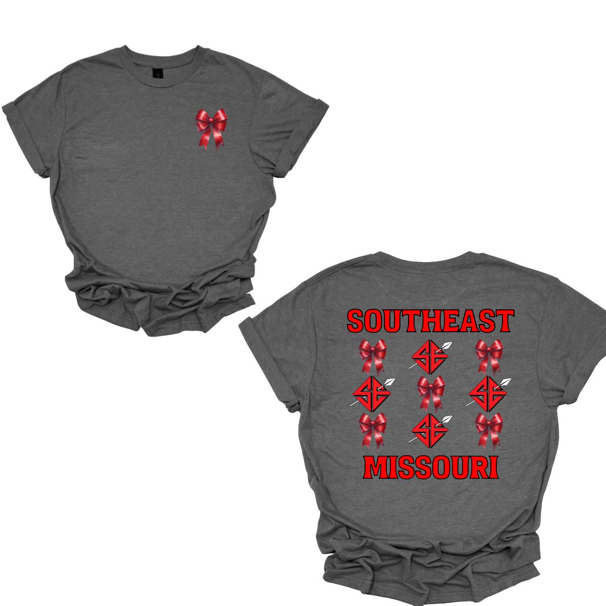 Show off your collegiate pride with our SEMO Sagamore Bow! With a grid pattern of red croquette bows and the SE spear logo, the word "southeast" displayed on the top and "Missouri" on the bottom, this shirt is perfect for any SEMO fan. The front pocket design features a matching red croquette bow. Available in short or long sleeve options. Shop at Gorgeousware.com