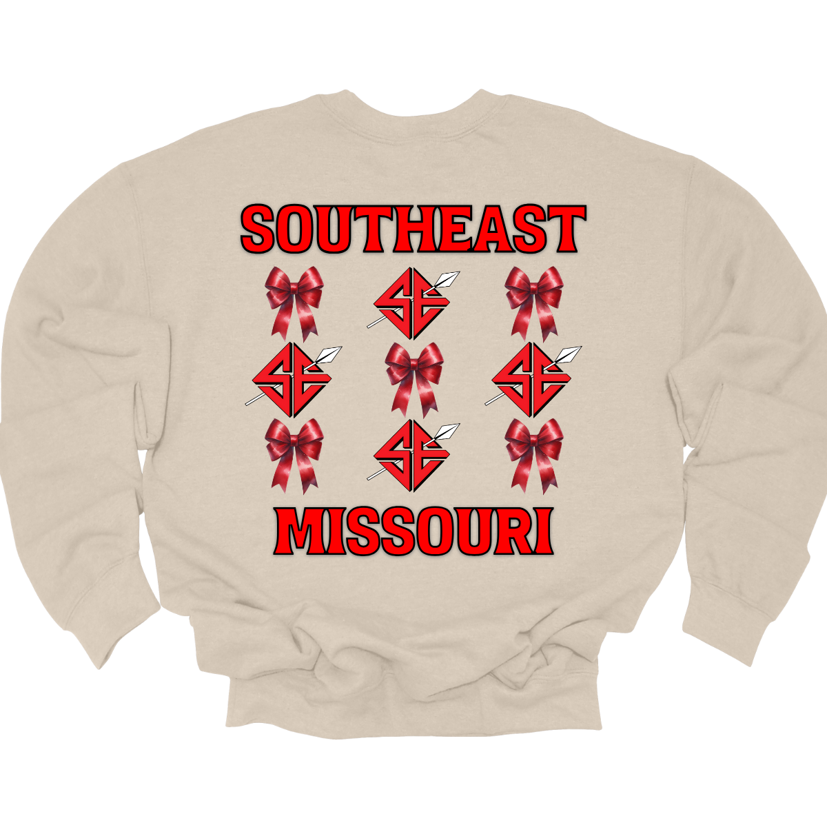 **The front will have a bow on the left chest pocket area.

Show off your collegiate pride with our SEMO Sagamore Bow! With a grid pattern of red croquette bows and the SE spear logo, the word "southeast" displayed on the top and "Missouri" on the bottom, this shirt is perfect for any SEMO fan. The front pocket design features a matching red croquette bow. Available in short or long sleeve options. Shop at Gorgeousware.com