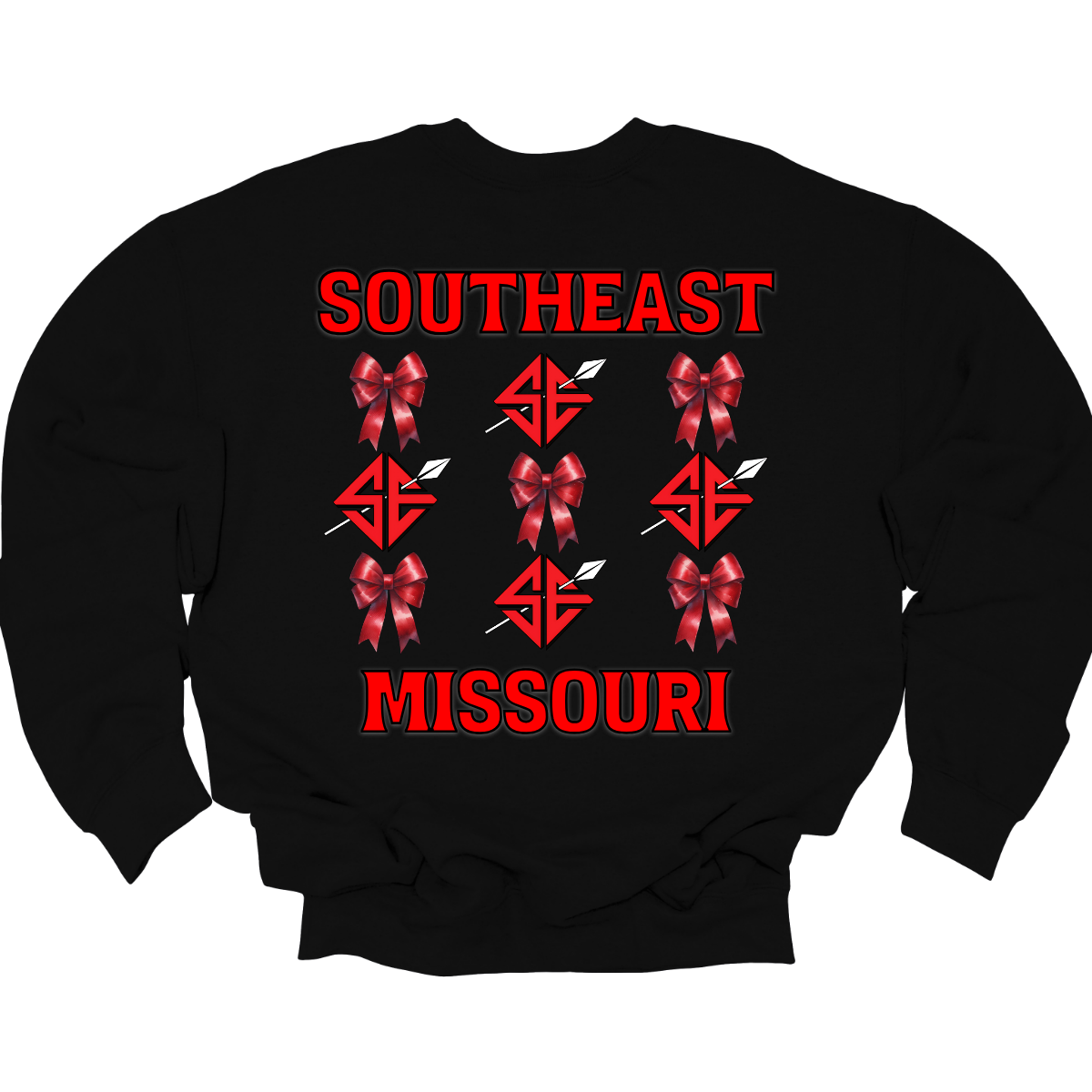 **The front will have a bow on the left chest pocket area.

Show off your collegiate pride with our SEMO Sagamore Bow! With a grid pattern of red croquette bows and the SE spear logo, the word "southeast" displayed on the top and "Missouri" on the bottom, this shirt is perfect for any SEMO fan. The front pocket design features a matching red croquette bow. Available in short or long sleeve options. Shop at Gorgeousware.com