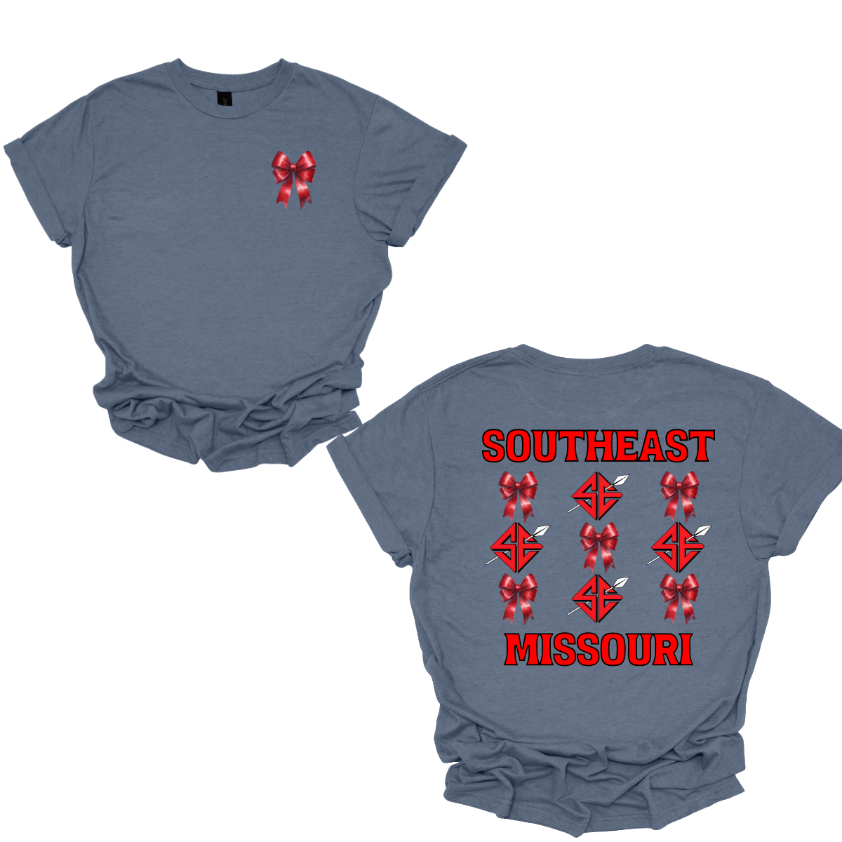 Show off your collegiate pride with our SEMO Sagamore Bow! With a grid pattern of red croquette bows and the SE spear logo, the word "southeast" displayed on the top and "Missouri" on the bottom, this shirt is perfect for any SEMO fan. The front pocket design features a matching red croquette bow. Available in short or long sleeve options. Shop at Gorgeousware.com