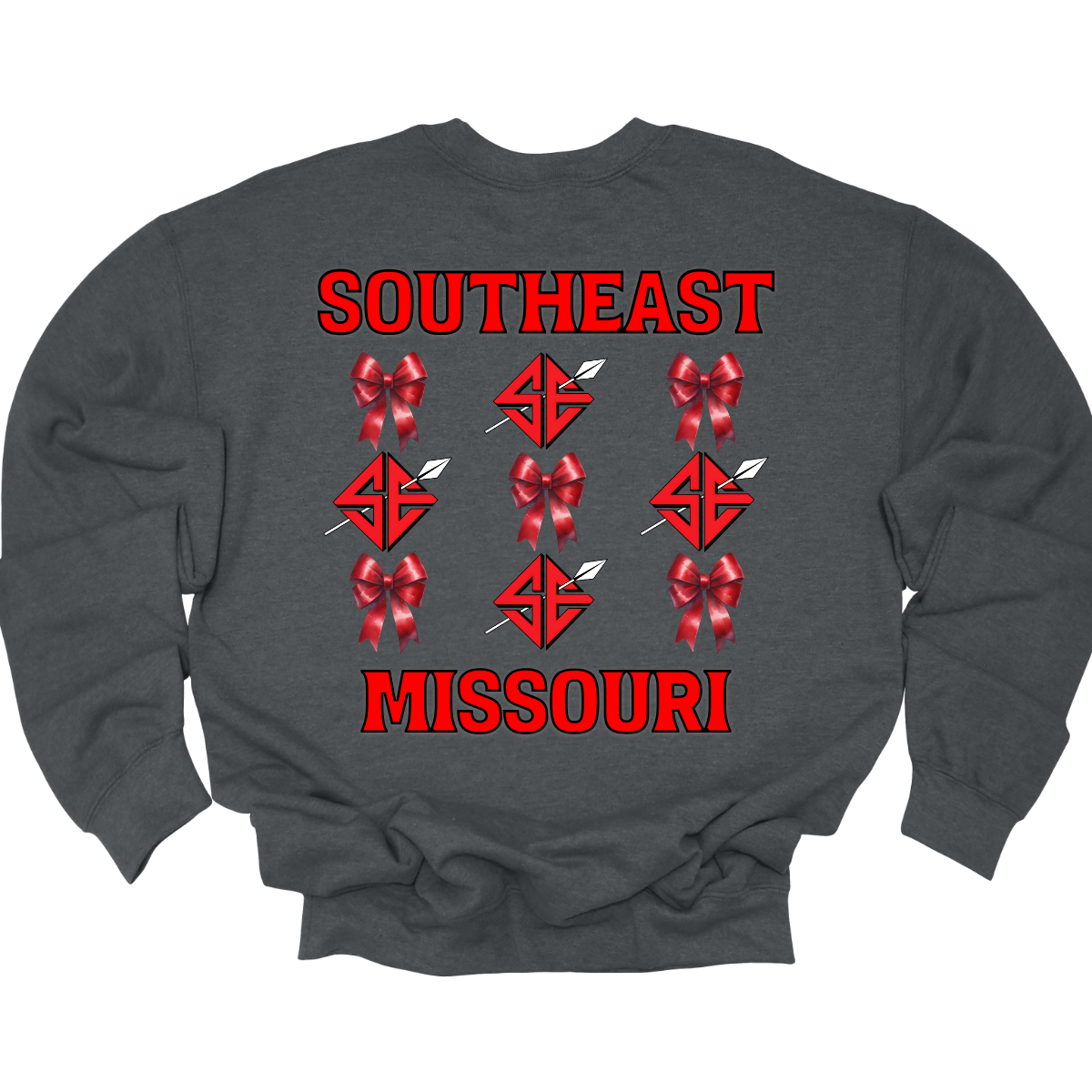 **The front will have a bow on the left chest pocket area.

Show off your collegiate pride with our SEMO Sagamore Bow! With a grid pattern of red croquette bows and the SE spear logo, the word "southeast" displayed on the top and "Missouri" on the bottom, this shirt is perfect for any SEMO fan. The front pocket design features a matching red croquette bow. Available in short or long sleeve options. Shop at Gorgeousware.com