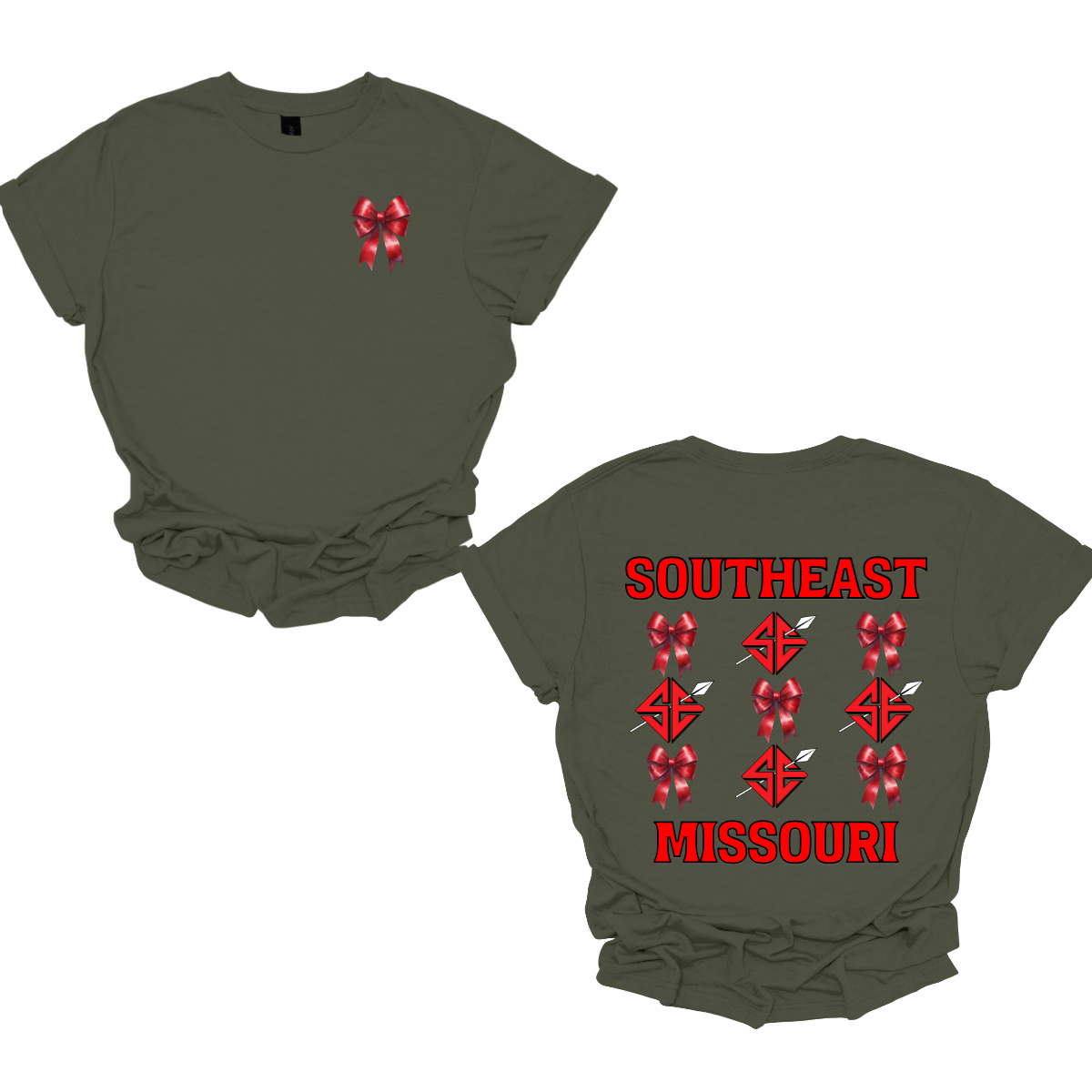 Show off your collegiate pride with our SEMO Sagamore Bow! With a grid pattern of red croquette bows and the SE spear logo, the word "southeast" displayed on the top and "Missouri" on the bottom, this shirt is perfect for any SEMO fan. The front pocket design features a matching red croquette bow. Available in short or long sleeve options. Shop at Gorgeousware.com