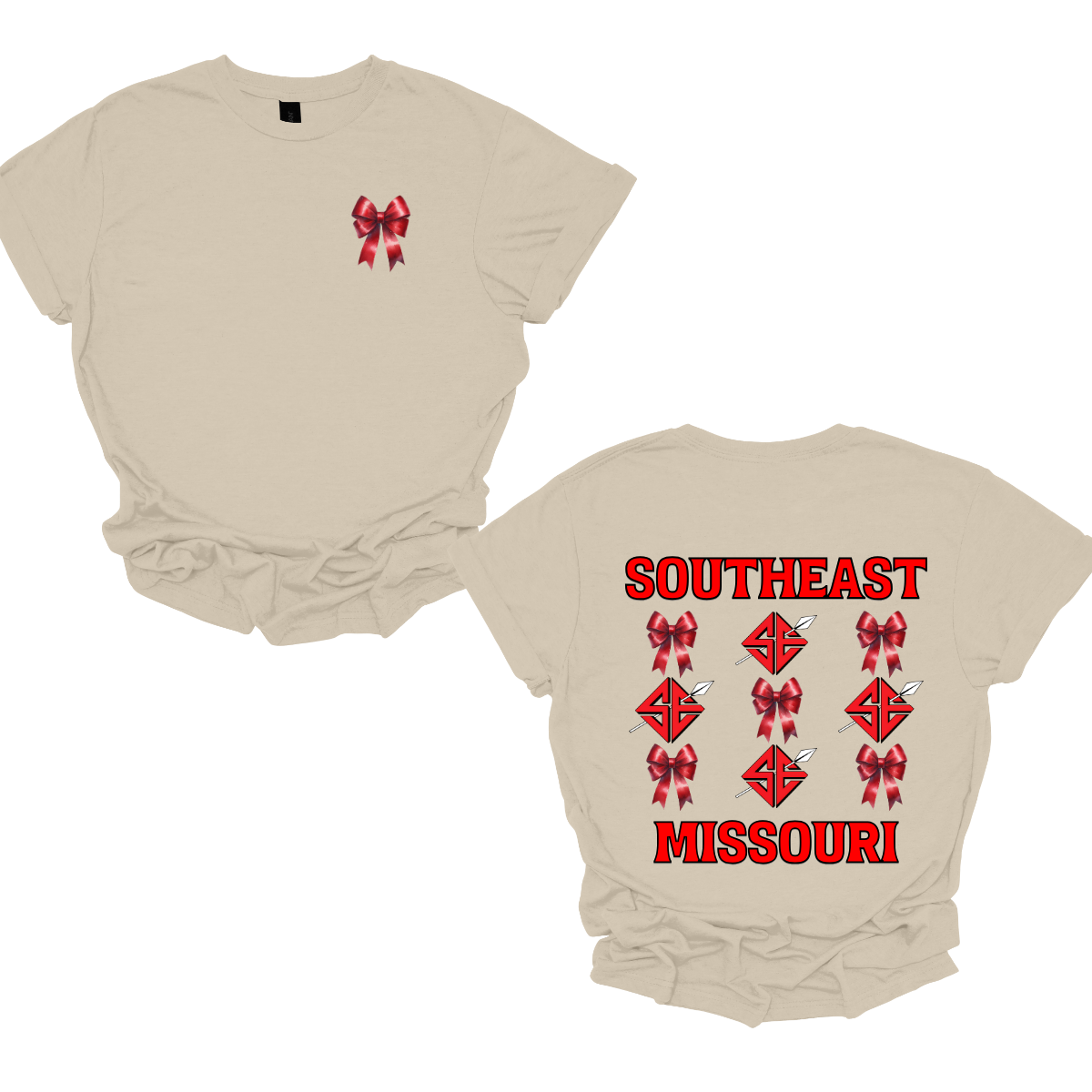 Show off your collegiate pride with our SEMO Sagamore Bow! With a grid pattern of red croquette bows and the SE spear logo, the word "southeast" displayed on the top and "Missouri" on the bottom, this shirt is perfect for any SEMO fan. The front pocket design features a matching red croquette bow. Available in short or long sleeve options. Shop at Gorgeousware.com