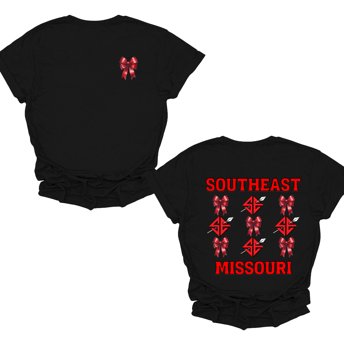 Show off your collegiate pride with our SEMO Sagamore Bow! With a grid pattern of red croquette bows and the SE spear logo, the word "southeast" displayed on the top and "Missouri" on the bottom, this shirt is perfect for any SEMO fan. The front pocket design features a matching red croquette bow. Available in short or long sleeve options. Shop at Gorgeousware.com